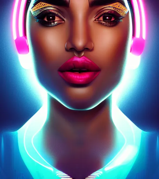 Image similar to symmetry!! egyptian princess of technology, solid cube of light, hard edges, product render retro - futuristic poster scifi, lasers and neon circuits, brown skin gorgeous egyptian princess, intricate, elegant, highly detailed, digital painting, artstation, concept art, smooth, sharp focus, illustration, dreamlike, art by artgerm