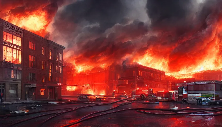 Image similar to A detailed render of a scene of Fire and explosions at the 3rd precinct in Minneapolis on fire, sci-fi concept art, lots of fire, dark, clouds, 8k, high detail, advanced rendering whimsically designed art, 4k post-processing highly detailed, Soft illumination