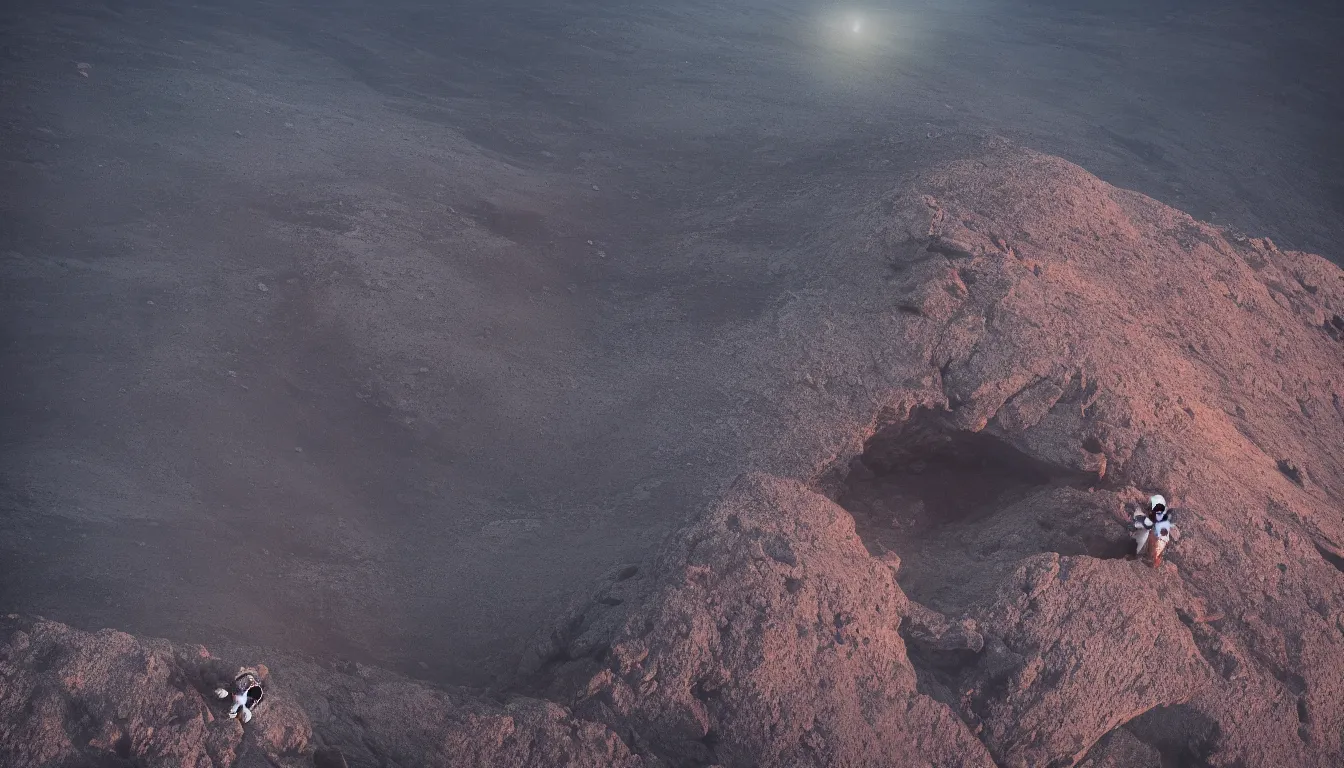 Prompt: lone astronaut sat on top of a mountain looking at the horizon of a unknown planet, close shot, sunset, cinematic, epic, dark scenario, 8k, award winning,