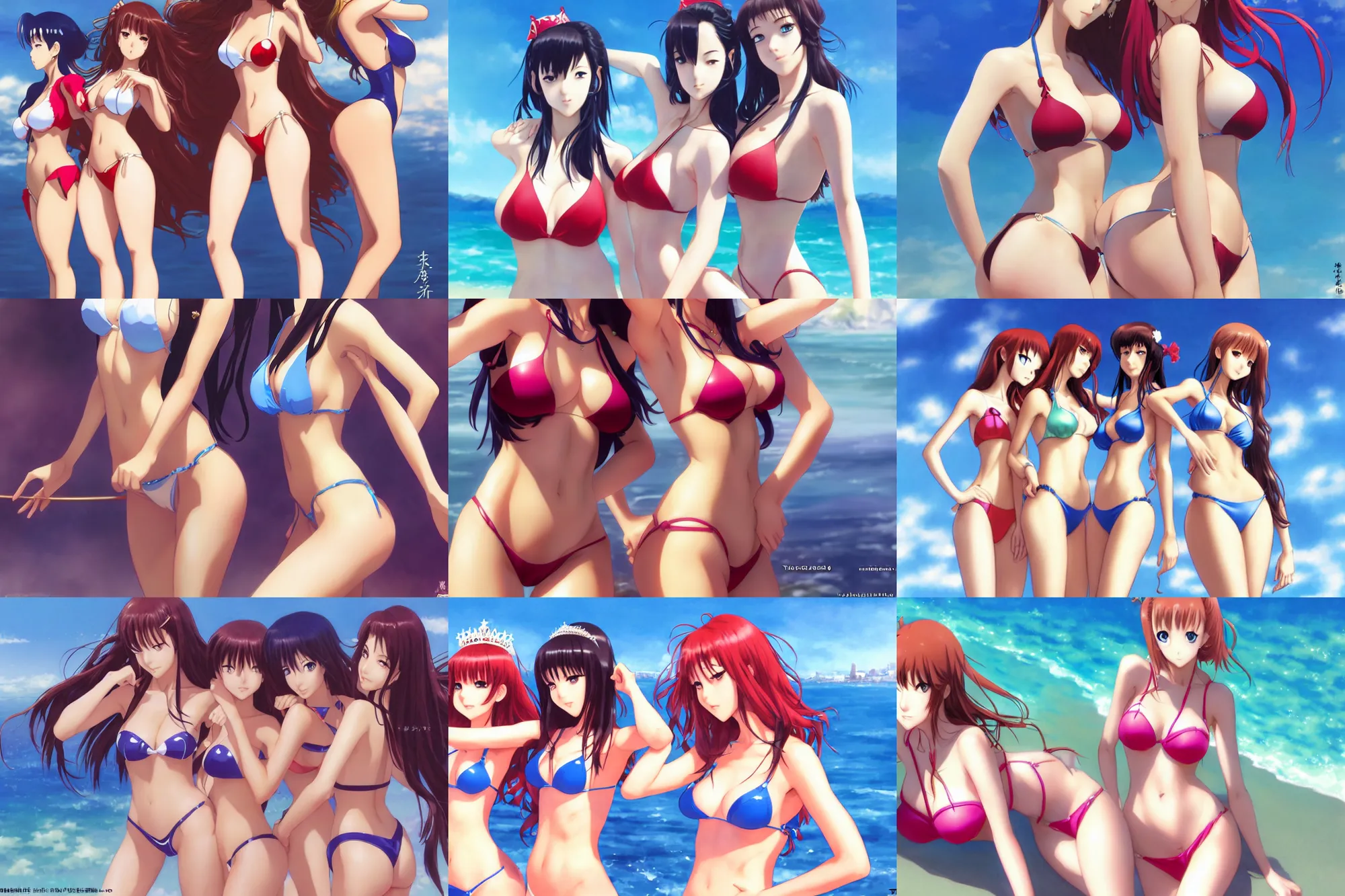 Image similar to close - up princesses posing together in bikini. by takashi takeuchi, yoshiyuki sadamoto, amagaitaro, makoto shinkai, krenz cushart, asao urata, pixiv