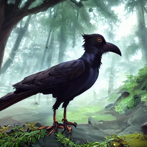 Image similar to concept art painting of an anthropomorphic crow person with steampunk clothes, in the deep forest, realistic, detailed, cel shaded, in the style of makoto shinkai and greg rutkowski and james gurney