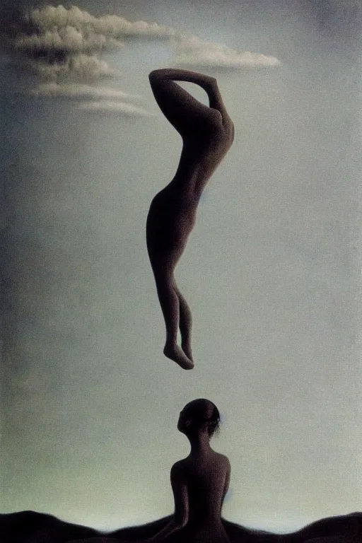 Prompt: zdzisław beksinski oil painting. women floating in the sky, disturbing, unsettling, intricate, beautiful