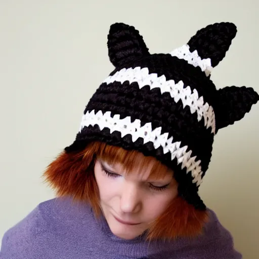 Image similar to a crocheted raccoon hat, very detailed, animal hat, product photo, promotional image