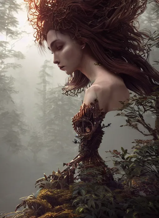 Image similar to beauteous sumptuous biomechanical incredible hair, crystalline masterpiece incrustations, hyperdetailed face, elegant pose, movie still, intricate, octane render, cinematic forest lighting, cgsociety, unreal engine, crepuscular rays, god rays