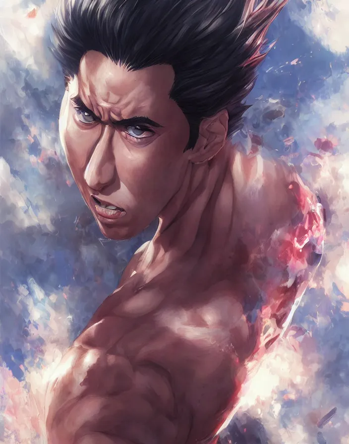 Image similar to anime portrait of nicolas cage as a muscular anime boy by Stanley Artgerm Lau, WLOP, Rossdraws, James Jean, Andrei Riabovitchev, Marc Simonetti, and Sakimichan, trending on artstation