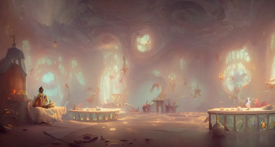 Image similar to a room built entirely out of white teacups by peter mohrbacher, vivid colors, matte painting, 8K, concept art, mystical color scheme, trending on artstation