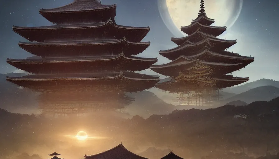 Image similar to a giant alien ufo high tech spaceship eerily hovering on ancient kyoto city landscape with beautiful pagodas by greg rutkowski, artgerm, ross tran, magali villeneuve, intricate, time travel theme, audince in awe, spectacle, audience sorrounding, award winning, octane render, masterpiece, 8 k, beautiful