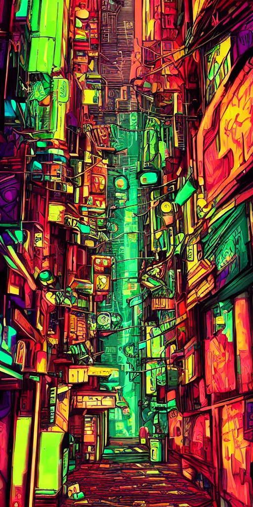 Image similar to cyberpunk alley, pop art, markers, rtx, 8 k, ray tracing, highly detailed, neon, single person