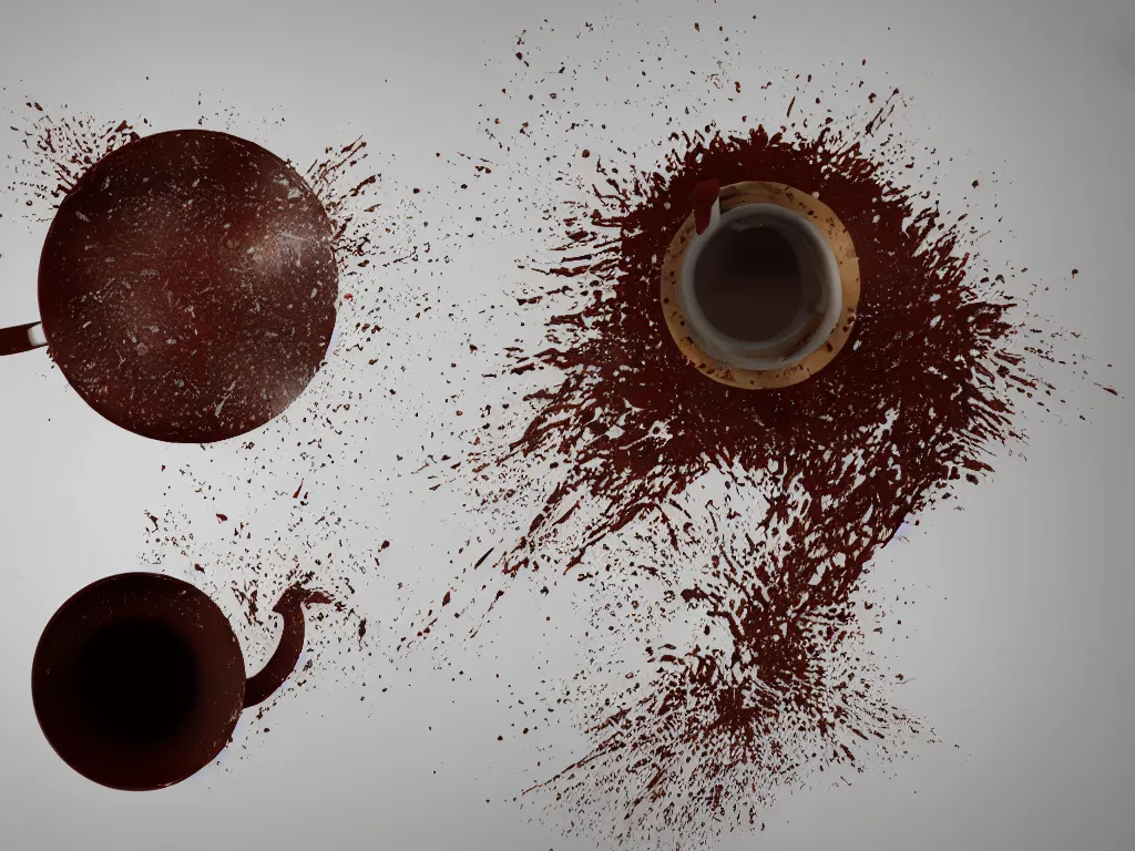 Image similar to 3D art, a coffee cup shattering against a wall, coffee splash, simulation, render, octane render, zbrush, ultra detailed