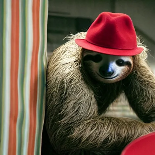 Prompt: a sloth dressed in a red and green striped jumper and fedora lurking in the shadows behind a scared teenager, film still