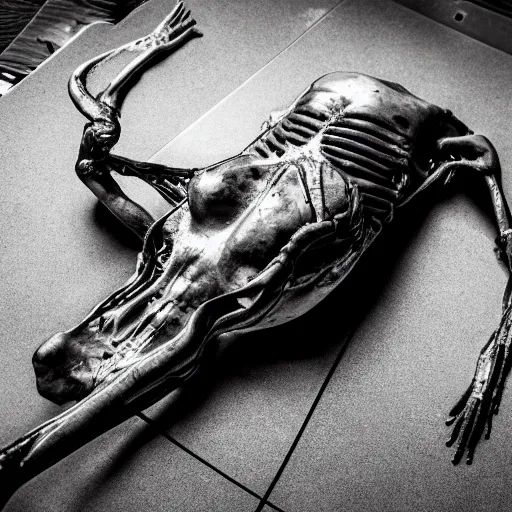 Prompt: black and white alien body autopsy on a metal table, highly detailed, sharp focus, low lights, ultra realistic