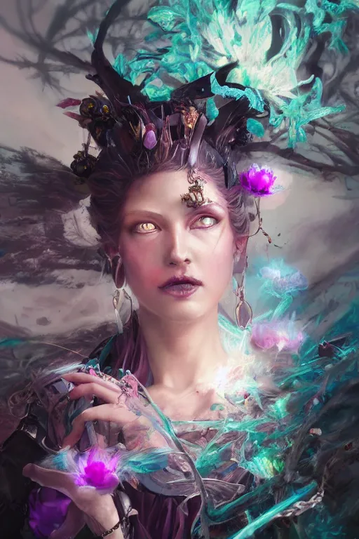 Image similar to face closeup of beautiful girl necromancer, witch - doctor covered with velvet exploding into crystals, angels, 3 d render, hyper realistic detailed portrait, holding magic flowers, ruan jia, wlop. scifi, fantasy, hyper detailed, octane render, concept art, peter mohrbacher