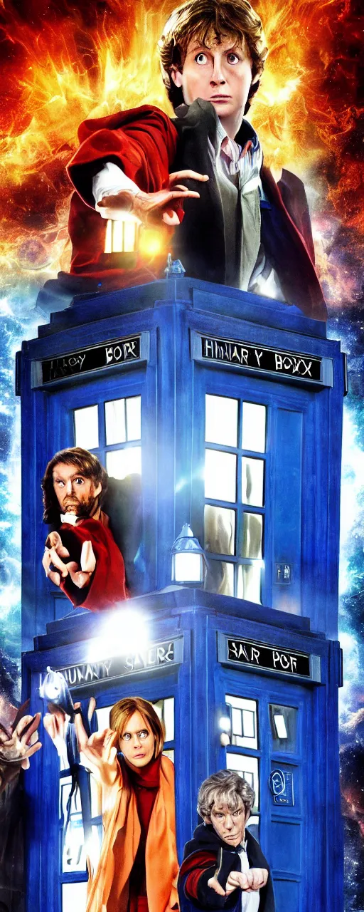 Image similar to a poster for a movie called humanity savers, showing harry potter and dr. who in front of tardis blue phone booth, vivid colors, high resolution, 8 x