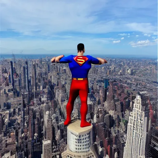 Image similar to marvel superman from back hands on waist standing on top of the empire state building