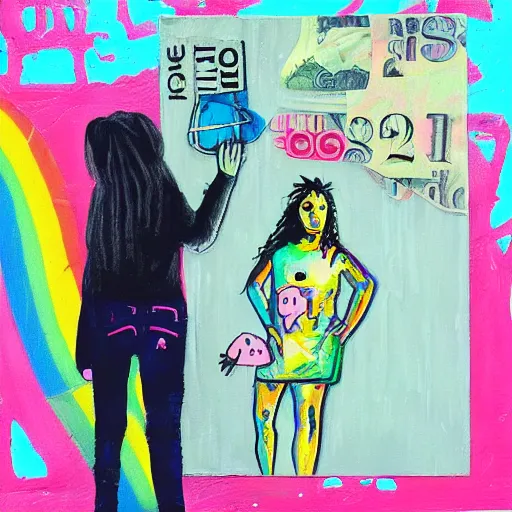 Prompt: “tall queer woman with long pink hair and a tall emo girl near a weedy pig eating money, capitalism, acrylic and spray paint and oilstick on canvas, neoexpressionism”