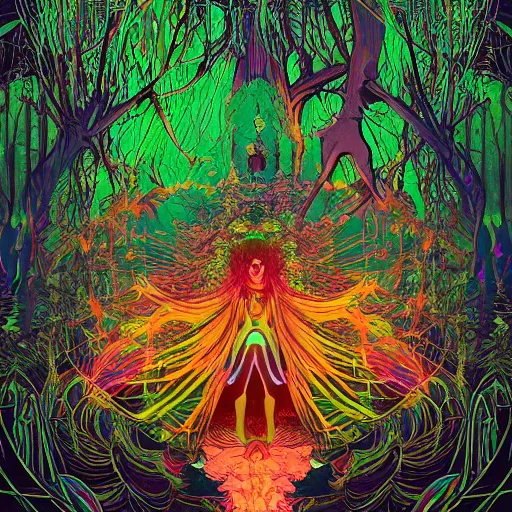 Image similar to psychedelic trippy iridescent volumetric lighting enchantingly beautiful forest with necromancer hyperrealism by victo ngai yoji shinkawa apophasis moebius 8 0 s cartoon horror art black magick voodoo shamanic satanic