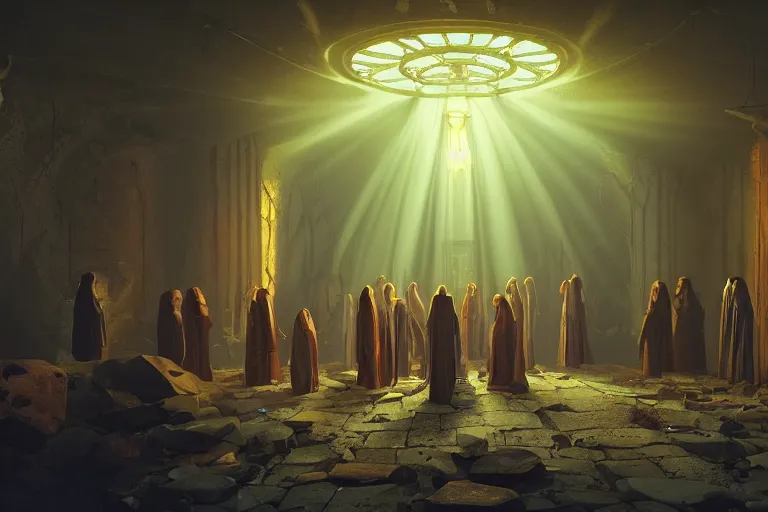 Image similar to cultist secret meeting taking place in a basement of a victorian mansion. incredible voluminous indirect soft glow cinematic lighting, hyperdetailed features, movie still, intricate, octane render, unreal engine, crepuscular rays, god rays, by beeple and rhads and donato giancola