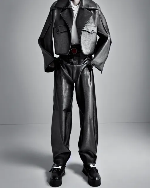 Image similar to a fashion editorial photo of a grey extremely baggy short ancient serbian medieval designer menswear leather jacket with an oversized collar and baggy bootcut trousers designed by alexander mcqueen, 4 k, studio lighting, wide angle lens