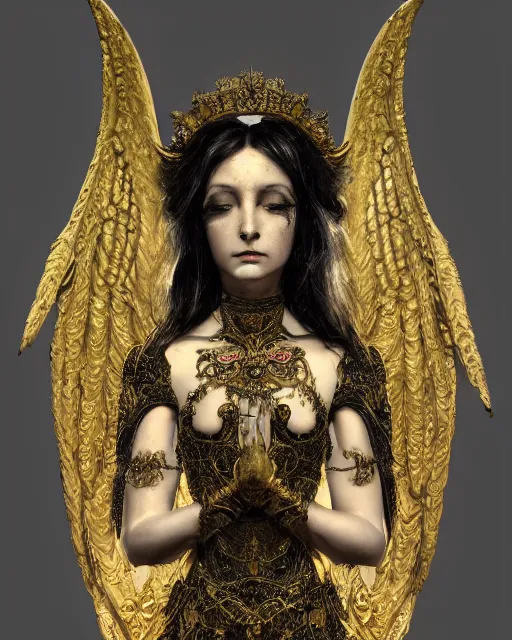 Image similar to concept art, angel woman, beautiful, frank frazetta, ornate, art nouveau, symmetrical, gold jewelry, high contrast, unbiased render, Emil melmoth, eerie, haunting, victorian, 8k, octane render, style of Gustav Klimt, head and shoulders