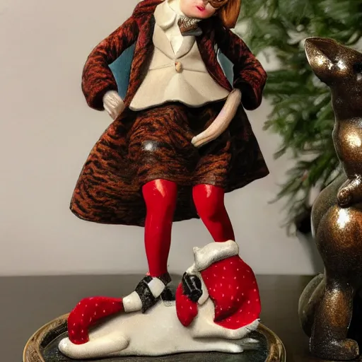 Prompt: New Margaret Le Van Alley Cats statuette, wearing festive clothing, full body render, museum quality photo