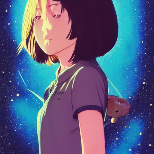 Image similar to A cosmic girl with big and cute eyes, holding the earth || VERY ANIME, fine-face, realistic shaded perfect face, fine details. Anime. realistic shaded lighting poster by Ilya Kuvshinov katsuhiro otomo ghost-in-the-shell, magali villeneuve, artgerm, Jeremy Lipkin and Michael Garmash, Rob Rey and Kentarõ Miura style, trending on art station