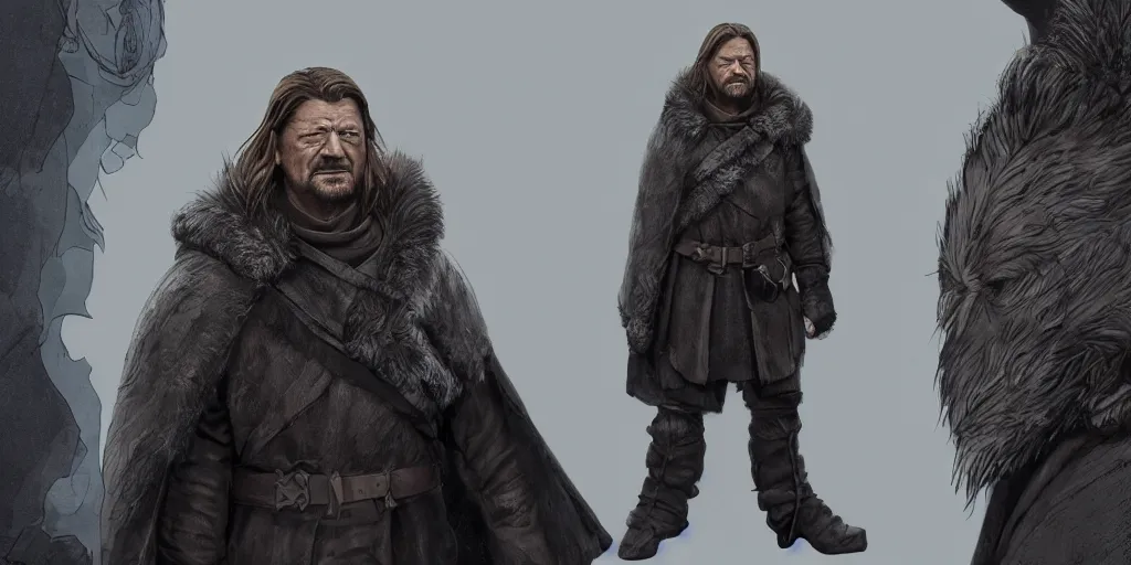 Image similar to ned stark, character sheet, concept design, contrast, hot toys, kim jung gi, greg rutkowski, zabrocki, karlkka, jayison devadas, trending on artstation, 8 k, ultra wide angle, pincushion lens effect