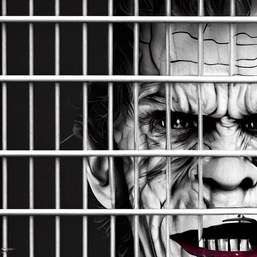 Image similar to willem dafoe as the joker behind bars in prison, movie poster, superrealism, quality, post - production, image depth, focus, gloomy, mysterious, haze, 3 d computer render, 8 k