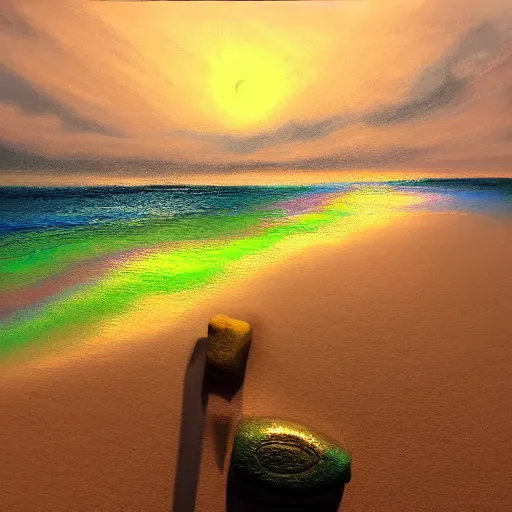 Prompt: electric sea coast, painted by frank wu and peter lloyd, trending on artstation, fluo, rembrandt lighting front view iridescent colors, chalk art, macro, magic realism, manierism