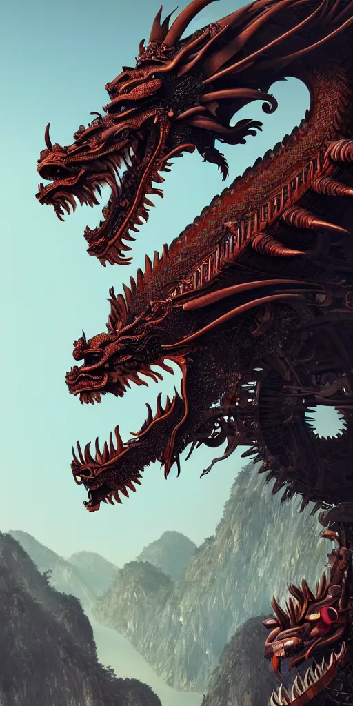 Prompt: a beautiful obverse portrait render of a single huge chinese dragon, mechanical, metal, fine texture structure, hyper detailed, perfect shadows, atmospheric lighting, 3 d render, the style of pascal blanche and sparth juan zigor samaniego, paul pepera pablo roldan, victo ngai, denoise, from china, 4 k hd