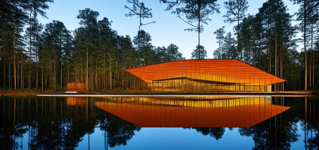 Image similar to faceted roof planes lift and descend creating shade and architectural expression, highly detailed, situated in the forest, next to a highly reflective lake, at dusk, vivid color