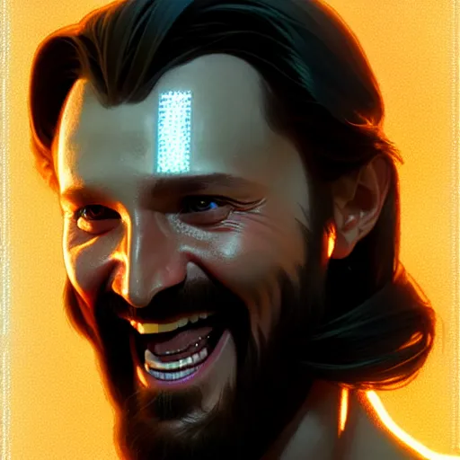 Image similar to tron legacy jesus laughing, diffuse lighting, hyper realistic, concept art, intricate, hyper detailed, smooth, sharp focus, illustration, trending on artstation, art by greg rutkowski and james gurney and alphonse mucha