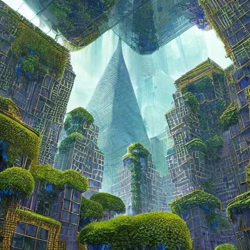 Prompt: overgrown geometric mirror covered mossy alien skyscrapers, sacred geometry nature photography cryengine render, by android jones, james christensen, rob gonsalves, leonid afremov, syd mead, and john stephens