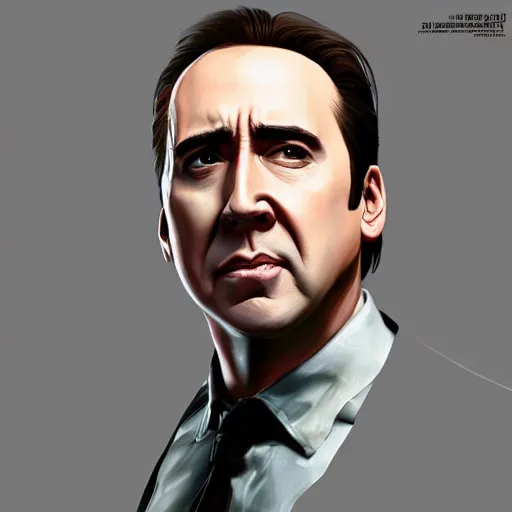 Image similar to nicholas cage, a fine art painting, Patrick Brown, trending on cgsociety, artstation, american realism, 2d game art, photo illustration, daz3d, official art,