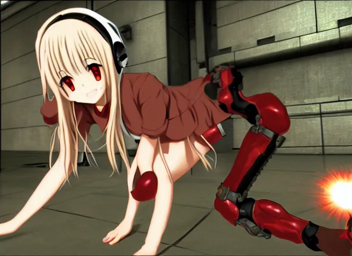 Image similar to an anime girl in a screenshot of the video game doom, the anime girl is crouching