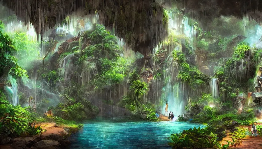 Prompt: concept art of a huge underground jungle cave with waterfalls, lakes, luminescent plants, colorful, high detailed, ultra realistic