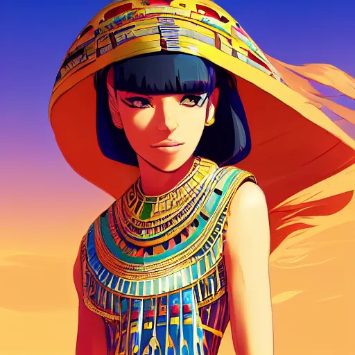 Image similar to portrait of a beautiful Egyptian girl wearing ancient Egyptian fashion, desert background, rich vivid colors, ambient lighting, dynamic lighting, 4k, official media, anime key visual, makoto shinkai, ilya kuvshinov, lois van baarle, rossdraws, detailed, trending on artstation