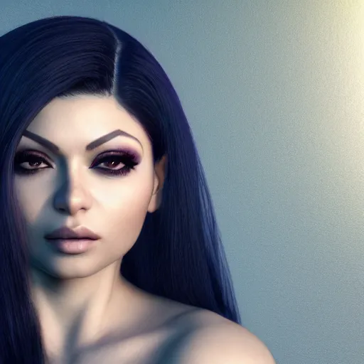Prompt: portait haifa wehbe centred, very long hair, hd, bright colors, final fantasy, unreal engine 5 highly rendered, global illumination, radiant light