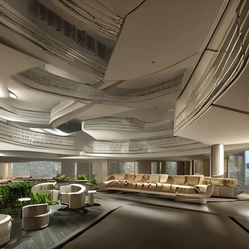 Prompt: futuristic hotel lobby built in old brutalist architecture building by dennis chan, hyper detailed, digital art, trending in artstation, cinematic lighting