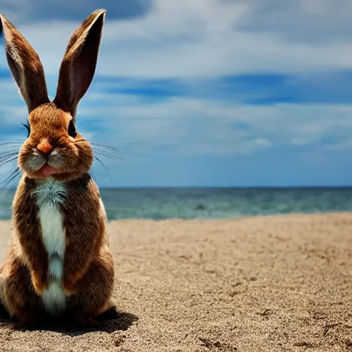 Image similar to a rabbit playing a guitar sitting on a beach in Sweden