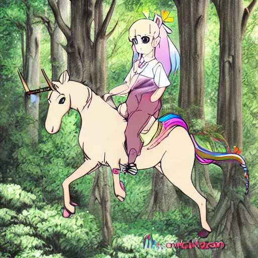 Image similar to a beautiful girl riding a unicorn in the forest. Anime style. Drawing by Miyazaki
