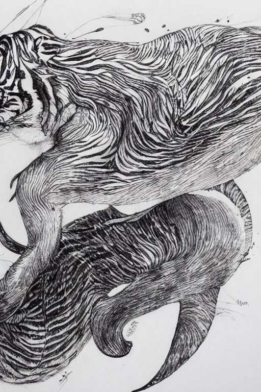 Prompt: Furry dolphin with tiger stripes, pen and ink, intricate line drawings, by Yoshitaka Amano, Ruan Jia, Kentaro Miura, Artgerm, watercolor