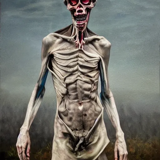 Image similar to death-camp-survivor-super-skinny-emaciated-horribly-skinny-Laughing-Painfully-at-himself painting by Thomas-Montacellinio