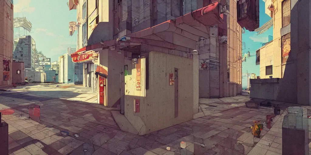 Image similar to neo brutralism, concrete housing, concept art, colorful, vivid colors, light, shadows, reflections, oilpainting, cinematic, 3D, in the style of Akihiko Yoshida and Edward Hopper