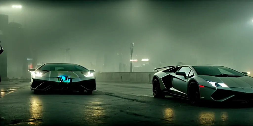 Image similar to A cinematic film still of a Lamborghini in the movie Blade Runner: 2049.