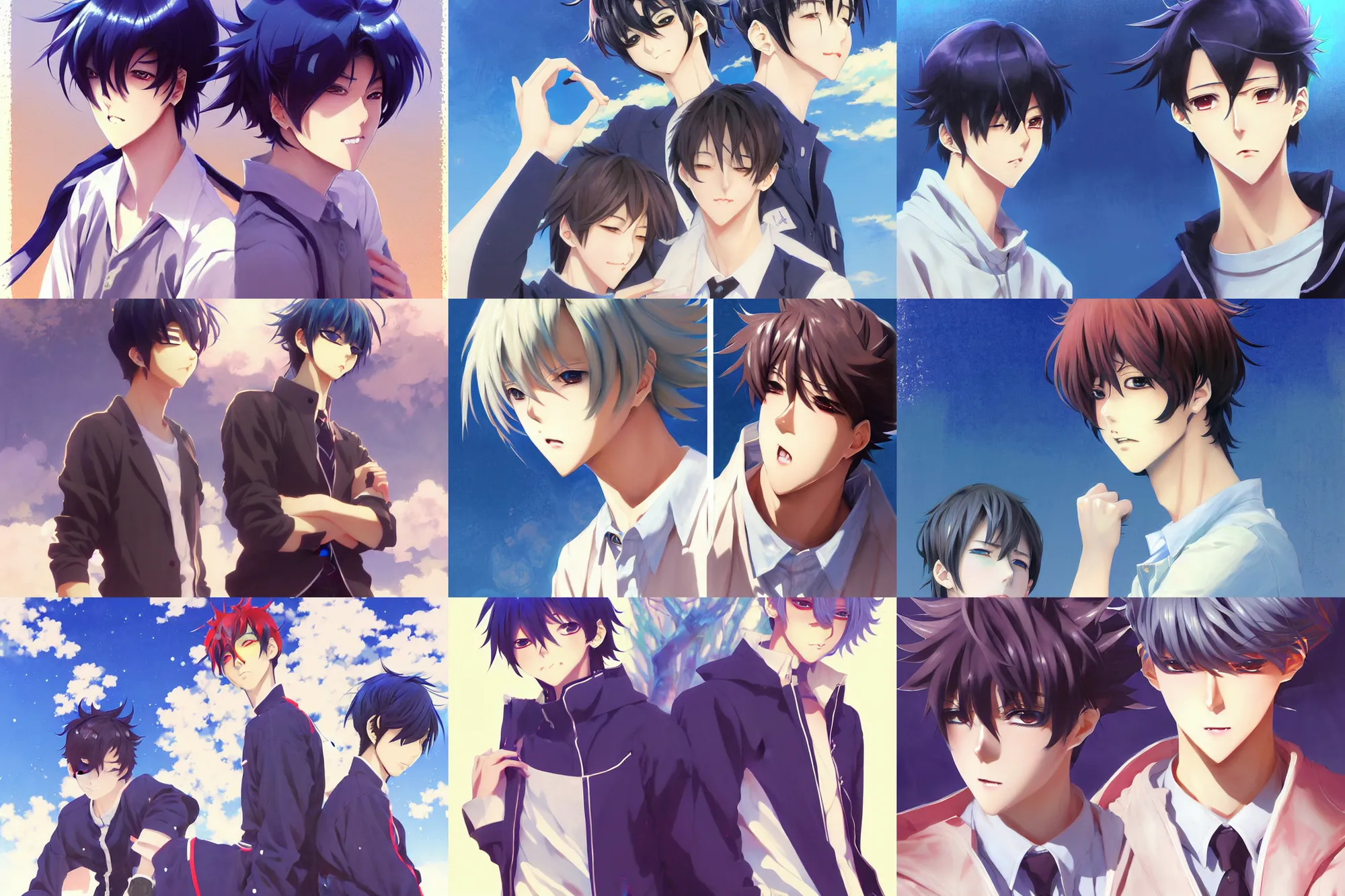 Prompt: boy's love anime high school noon, high detail concept art, perfect proportions fine face, athletic tall handsome guys, close together romantic undertones, playful interaction, avant designer uniform, vivid colors, realistic shaded lighting poster fantasy art kazue kato, katsuhiro, jeremy lipking and michael germash, makoto shinkai, loish and clamp style, best selling artist