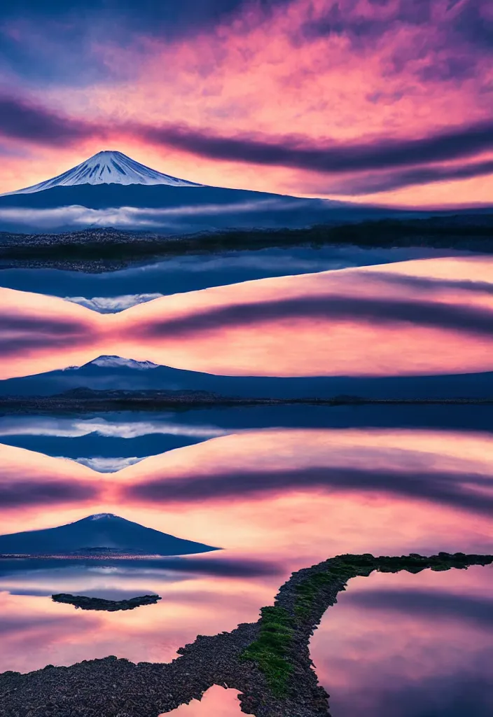 Prompt: clouds curling around mount fuji reflected on the lake surface at sunset, national geographic award - winning landscape photography, in the style of wes anderson's isle of dogs