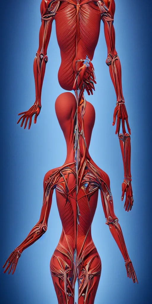 Image similar to poster design, full body anatomical model, 3 d photographic render of a deconstructed asymmetric human anatomical correct human body, in hoc signo vinces, waterfall, in the style of leonora carrington, gottfried helnwein, intricate composition, blue light by caravaggio, insanely quality, highly detailed, masterpiece, red light, artstation