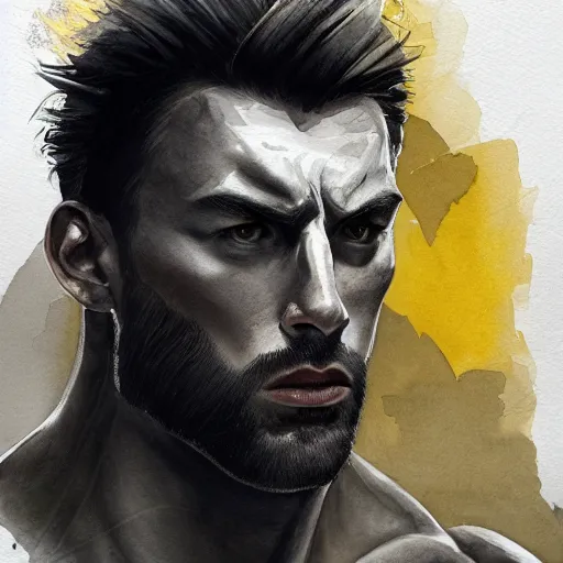 Prompt: watercolor artwork of a computer headed muscular man with yellow eyes, gigachad, dramatic black and white, concept art, super detailed, 4 k hd, trending on artstation, digital painted, low contrast, made by greg rutkowski and viktoria gavrilenko