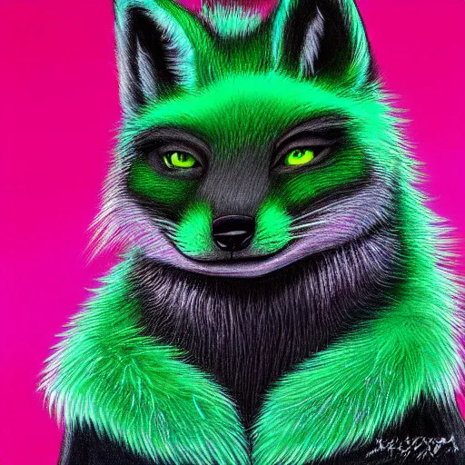 Image similar to photorealistic green fox with green fur and glowing magenta eyes, wearing a black hoodie