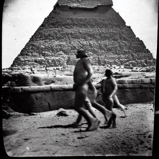 Prompt: tintype photo, underwater, Bigfoot walking in front of the pyramids